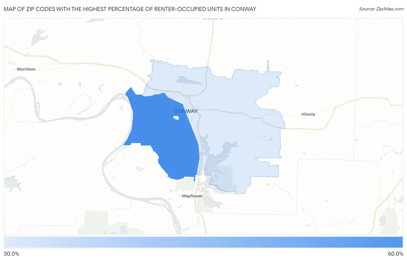 Zip Codes with the Highest Percentage of Renter-Occupied Units in Conway Map