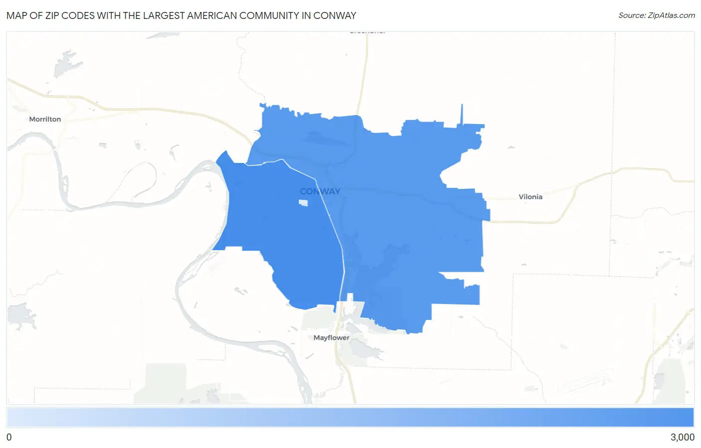 Zip Codes with the Largest American Community in Conway Map