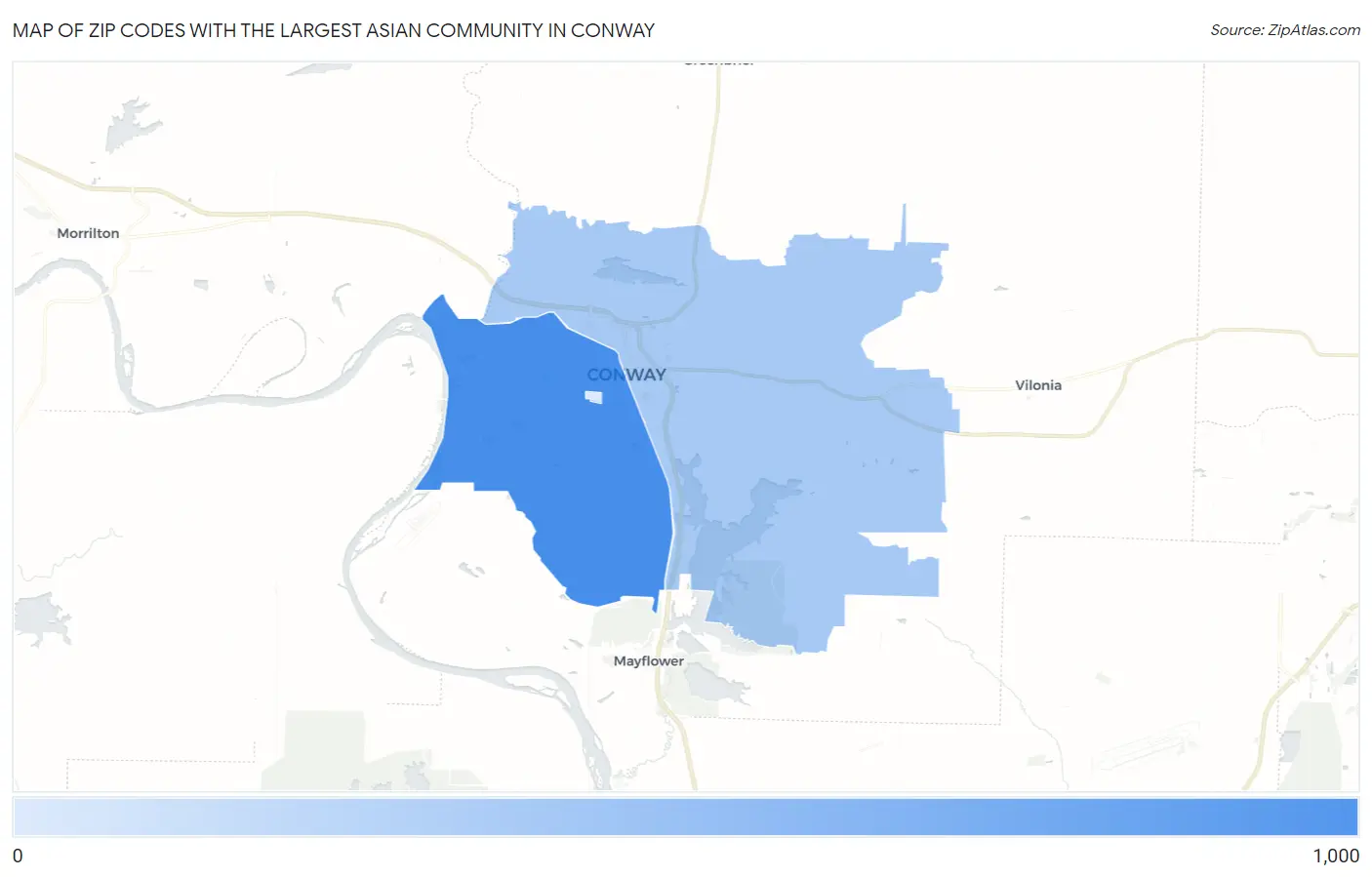 Zip Codes with the Largest Asian Community in Conway Map
