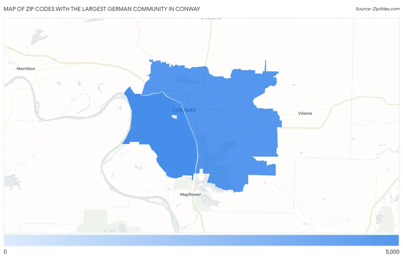 Zip Codes with the Largest German Community in Conway Map