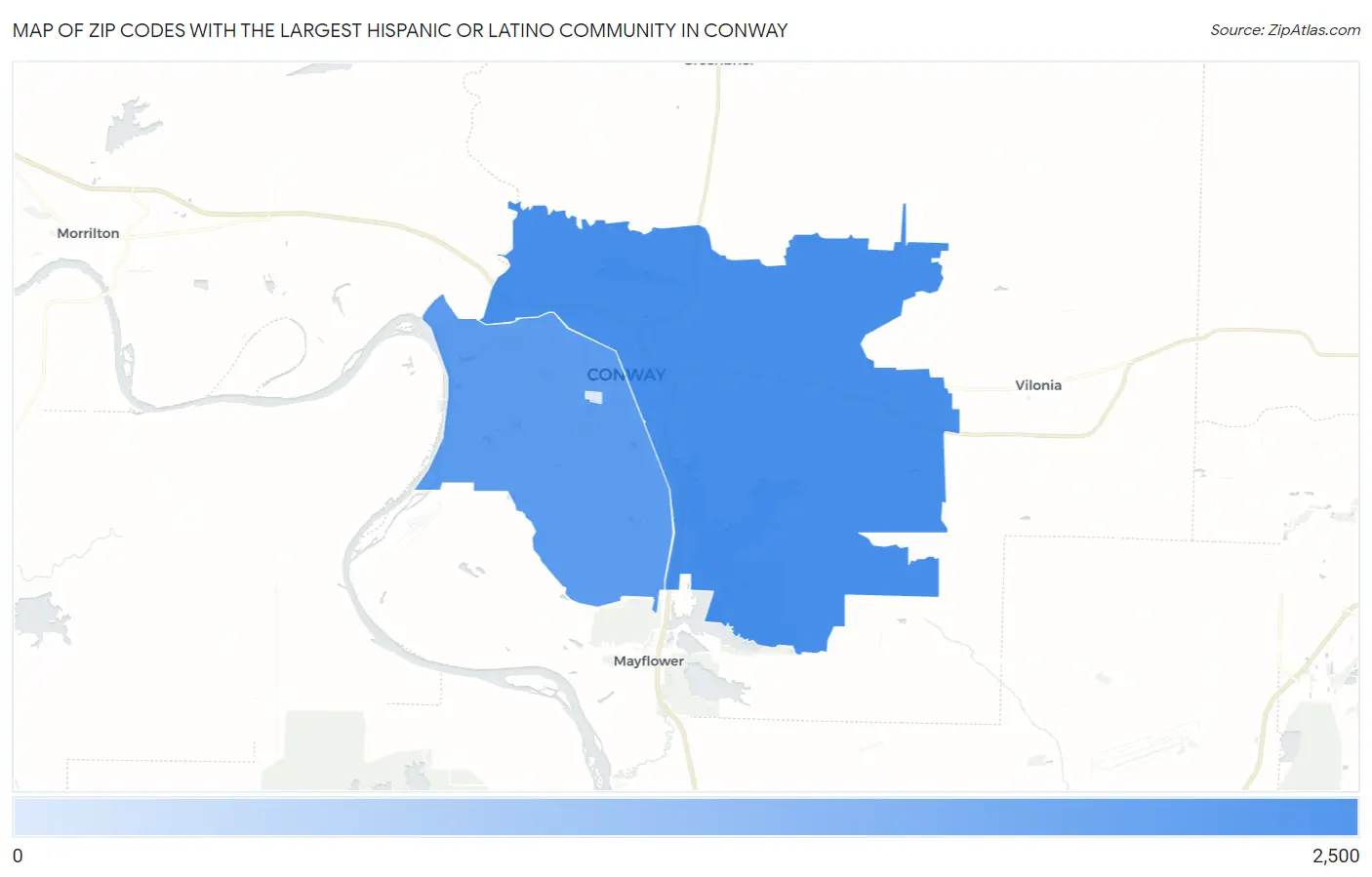 Zip Codes with the Largest Hispanic or Latino Community in Conway Map