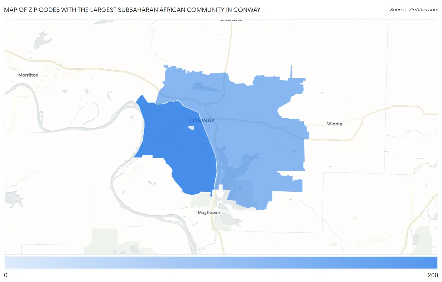 Zip Codes with the Largest Subsaharan African Community in Conway Map