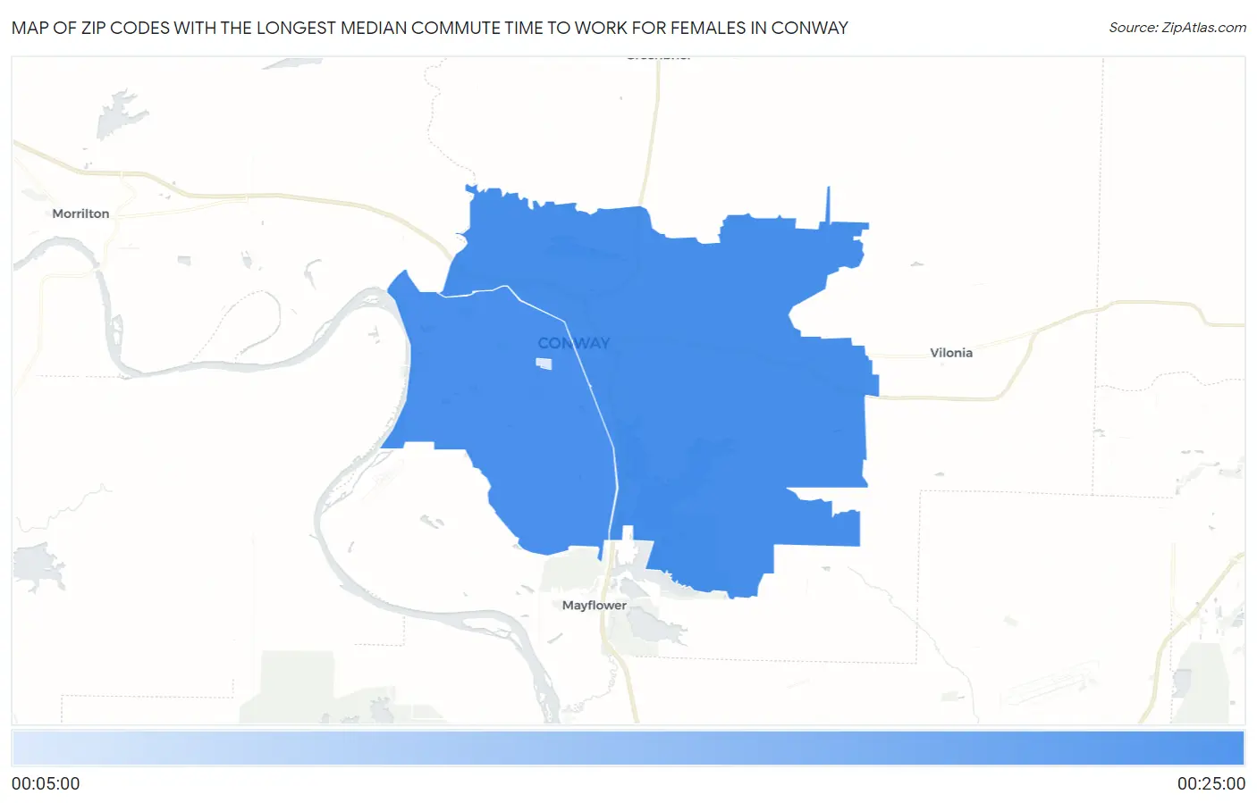 Zip Codes with the Longest Median Commute Time to Work for Females in Conway Map