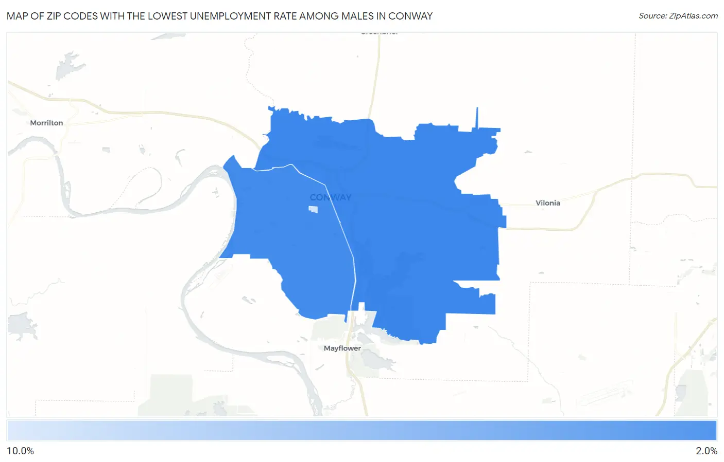 Zip Codes with the Lowest Unemployment Rate Among Males in Conway Map