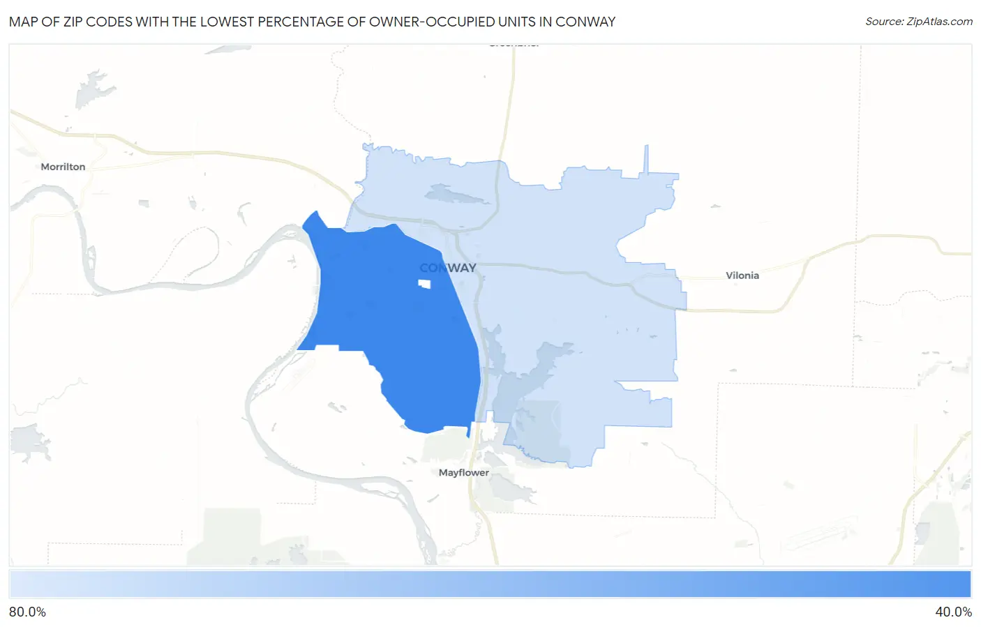 Zip Codes with the Lowest Percentage of Owner-Occupied Units in Conway Map