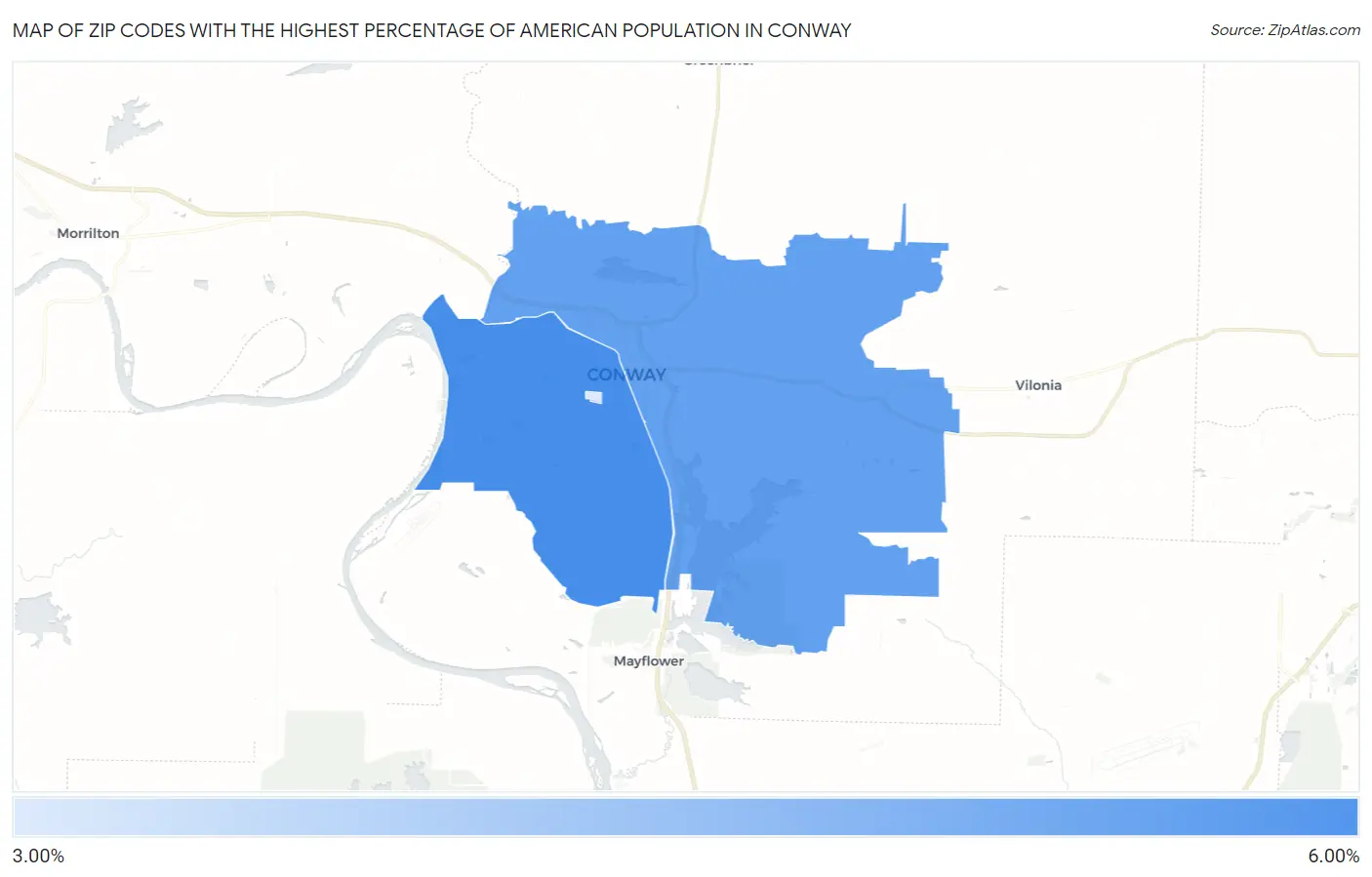 Zip Codes with the Highest Percentage of American Population in Conway Map