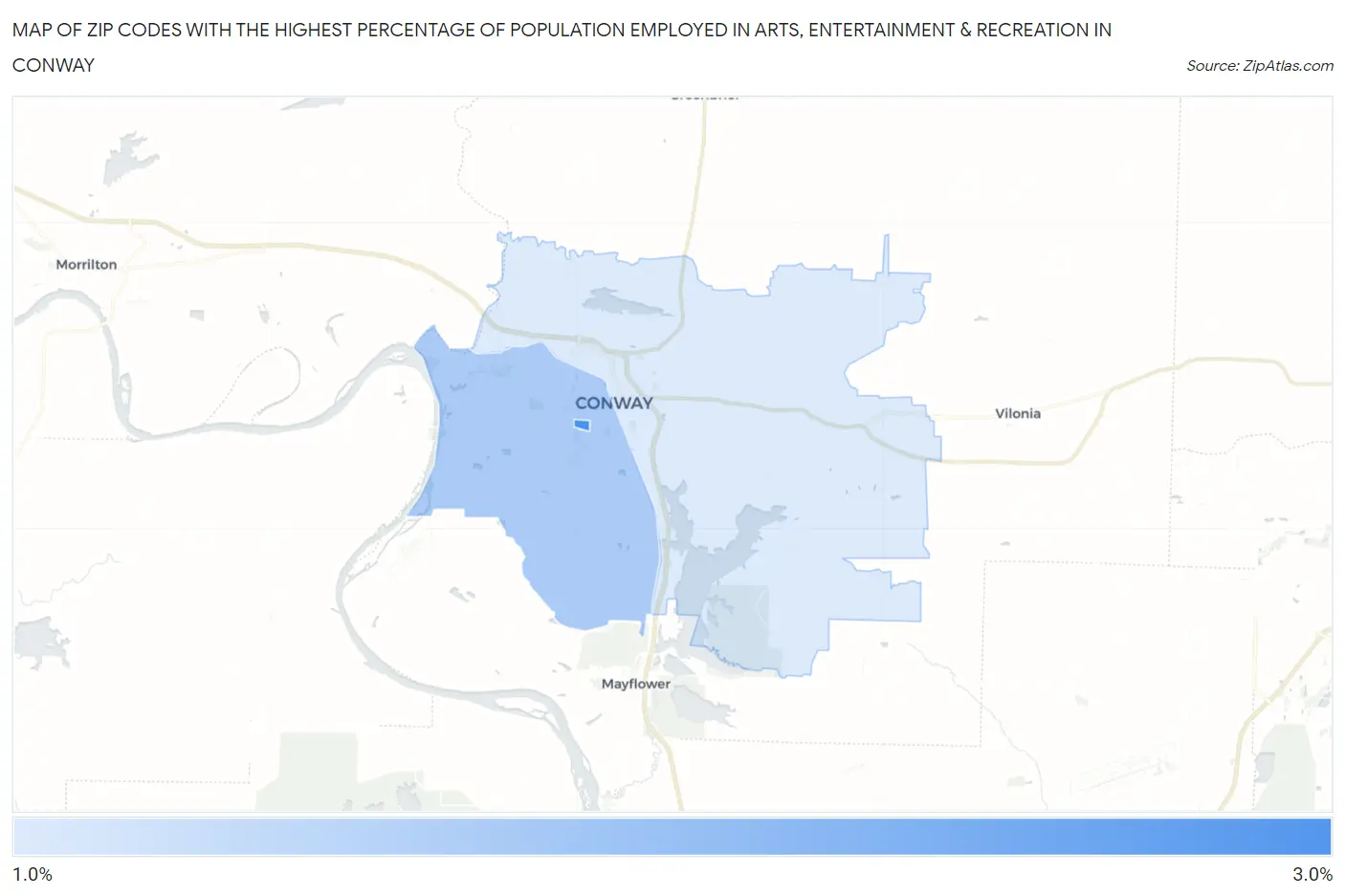 Zip Codes with the Highest Percentage of Population Employed in Arts, Entertainment & Recreation in Conway Map