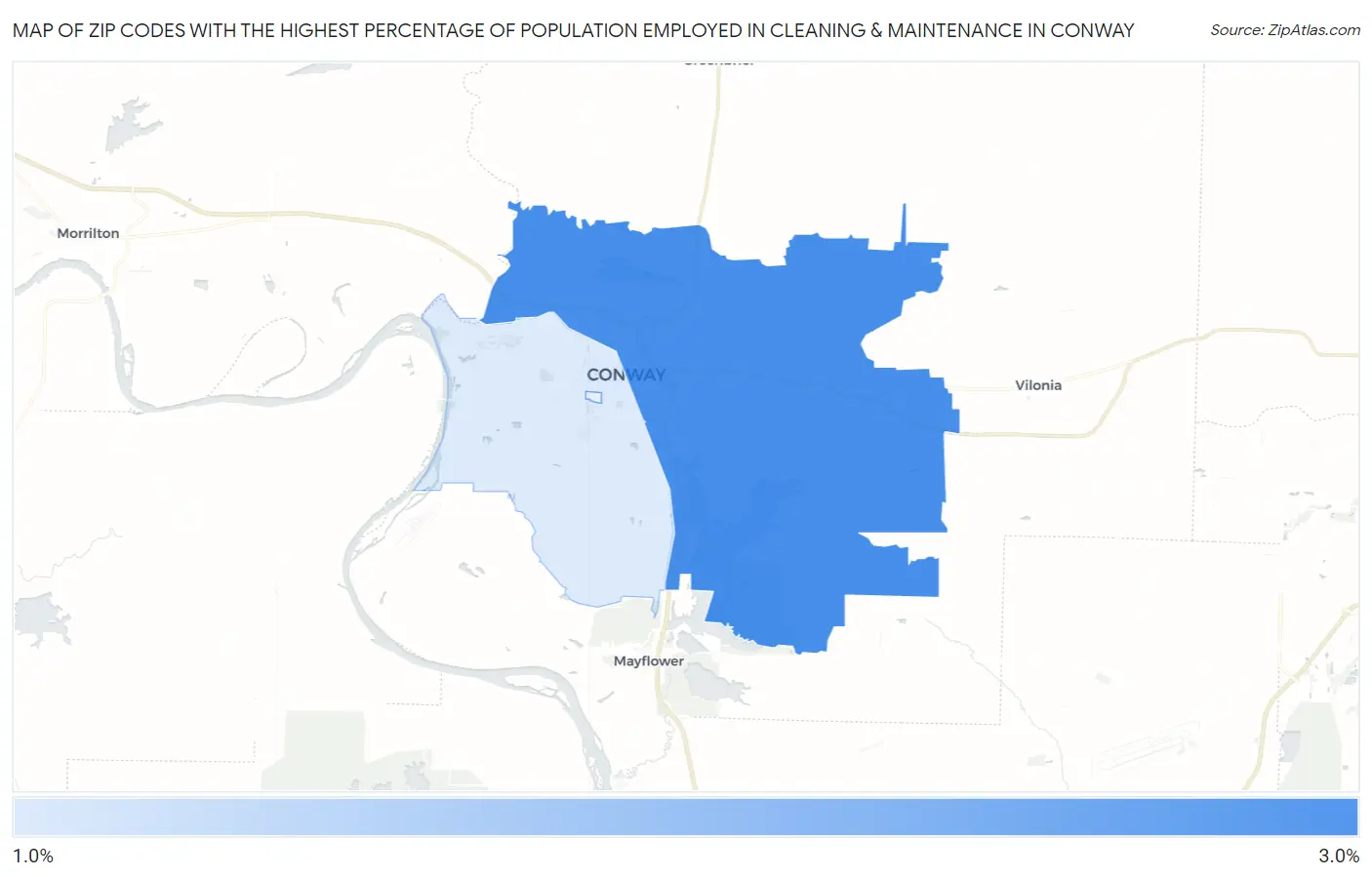 Zip Codes with the Highest Percentage of Population Employed in Cleaning & Maintenance in Conway Map