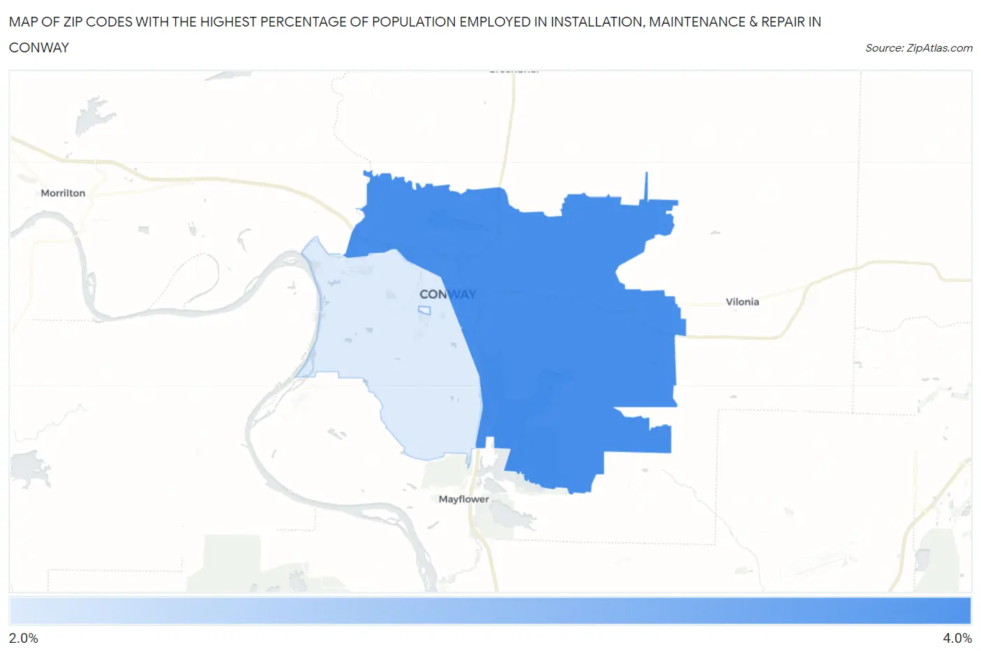 Zip Codes with the Highest Percentage of Population Employed in Installation, Maintenance & Repair in Conway Map