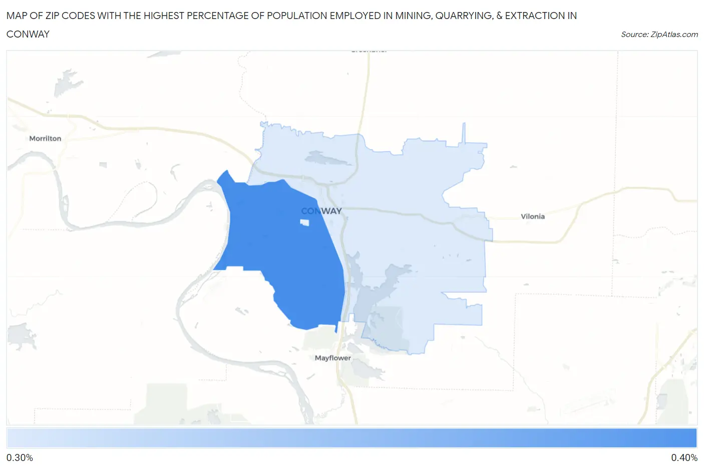 Zip Codes with the Highest Percentage of Population Employed in Mining, Quarrying, & Extraction in Conway Map