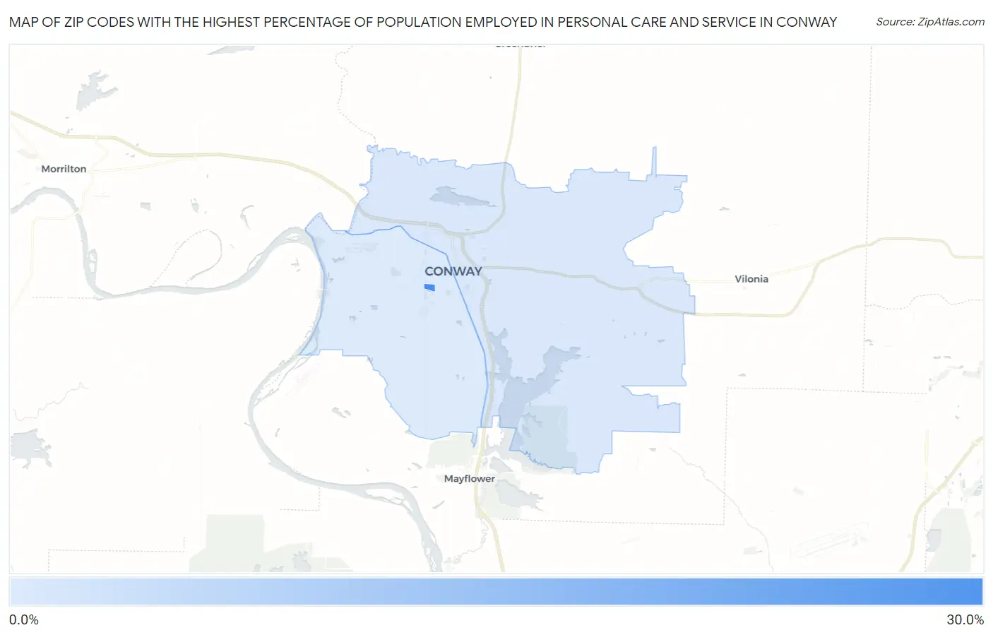 Zip Codes with the Highest Percentage of Population Employed in Personal Care and Service in Conway Map
