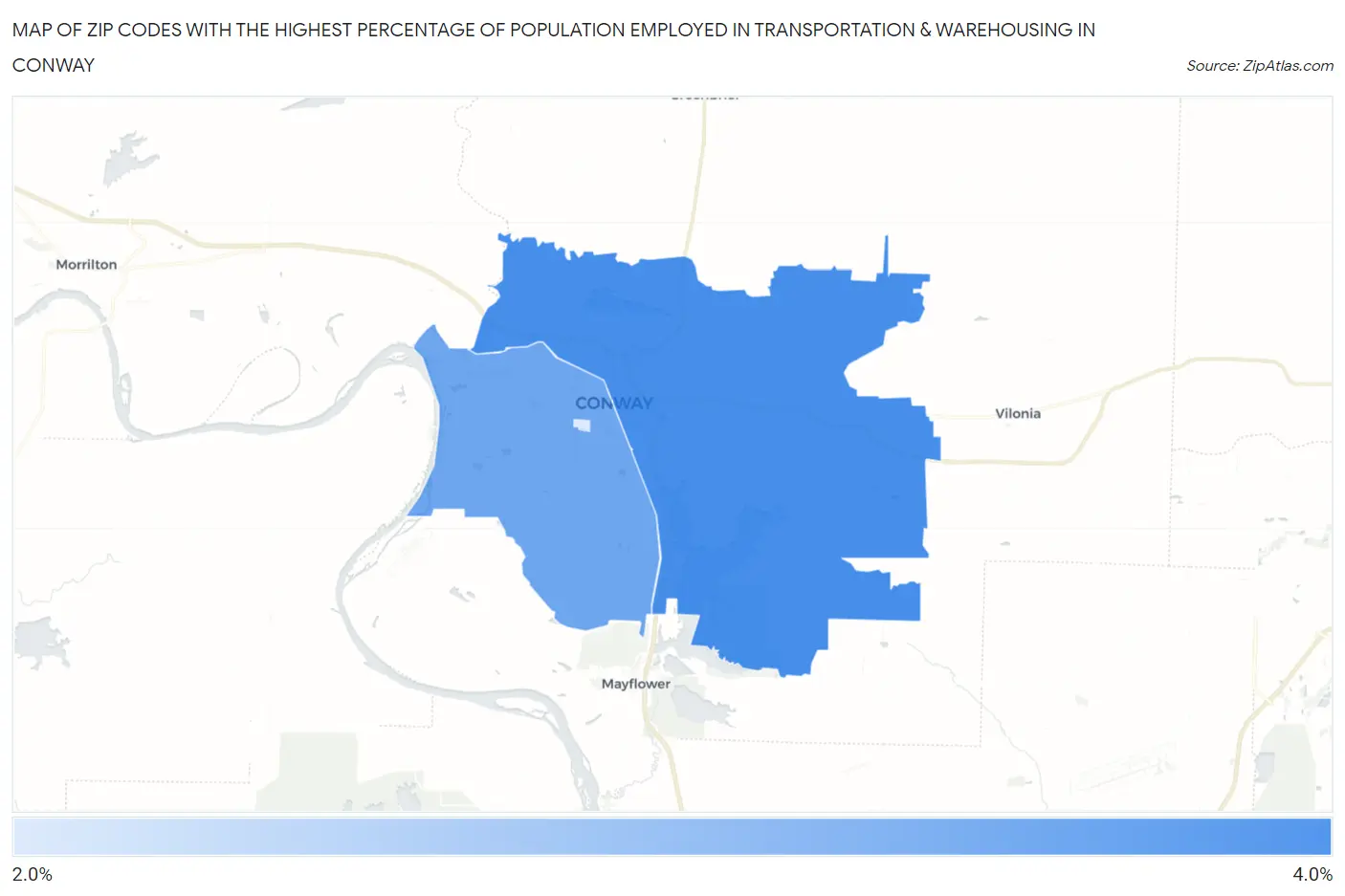 Zip Codes with the Highest Percentage of Population Employed in Transportation & Warehousing in Conway Map