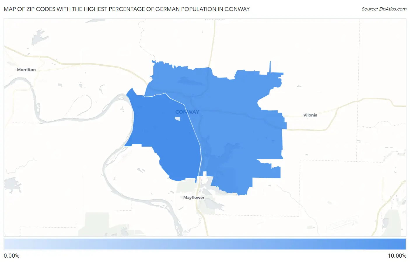 Zip Codes with the Highest Percentage of German Population in Conway Map