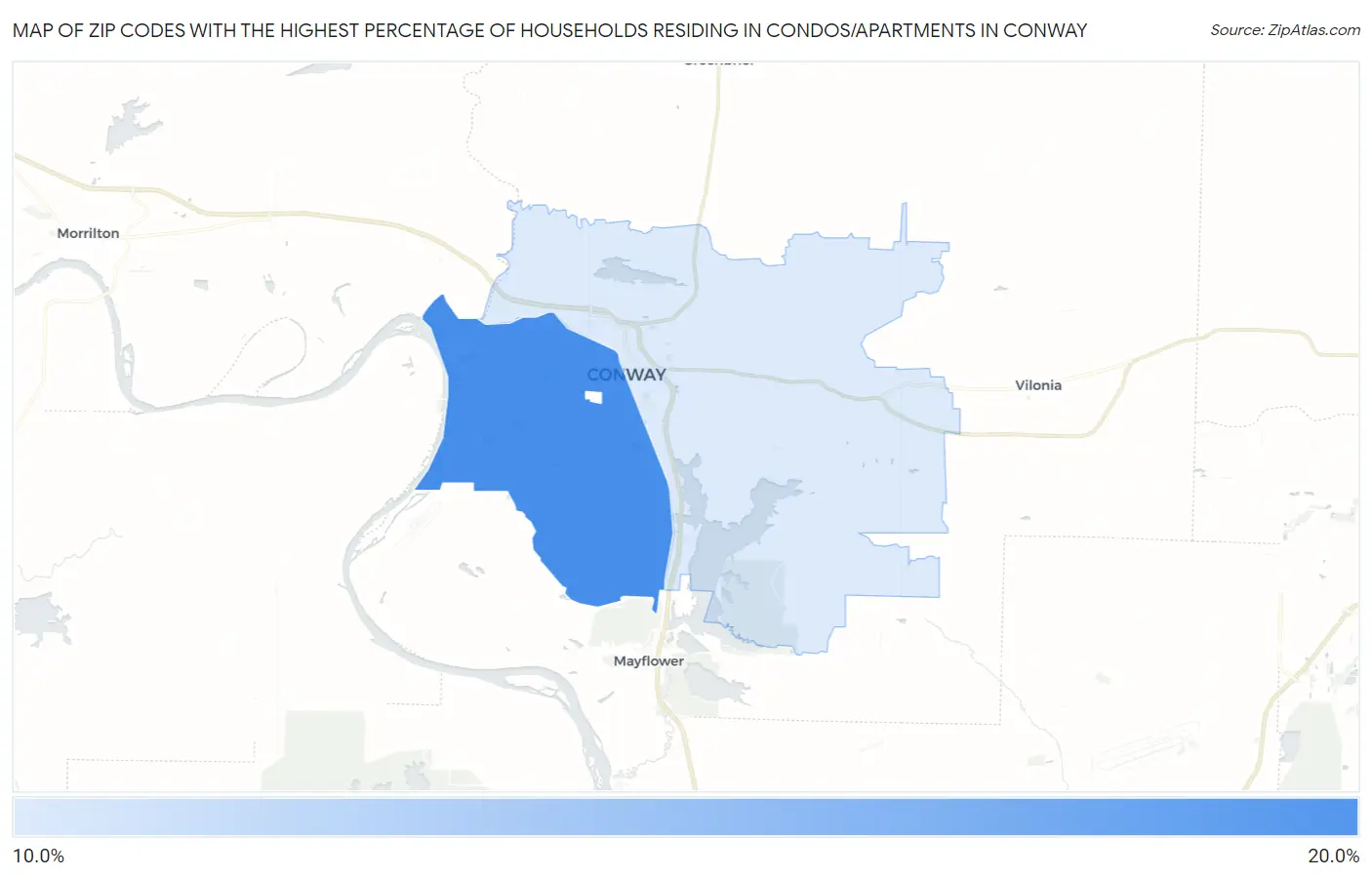 Zip Codes with the Highest Percentage of Households Residing in Condos/Apartments in Conway Map