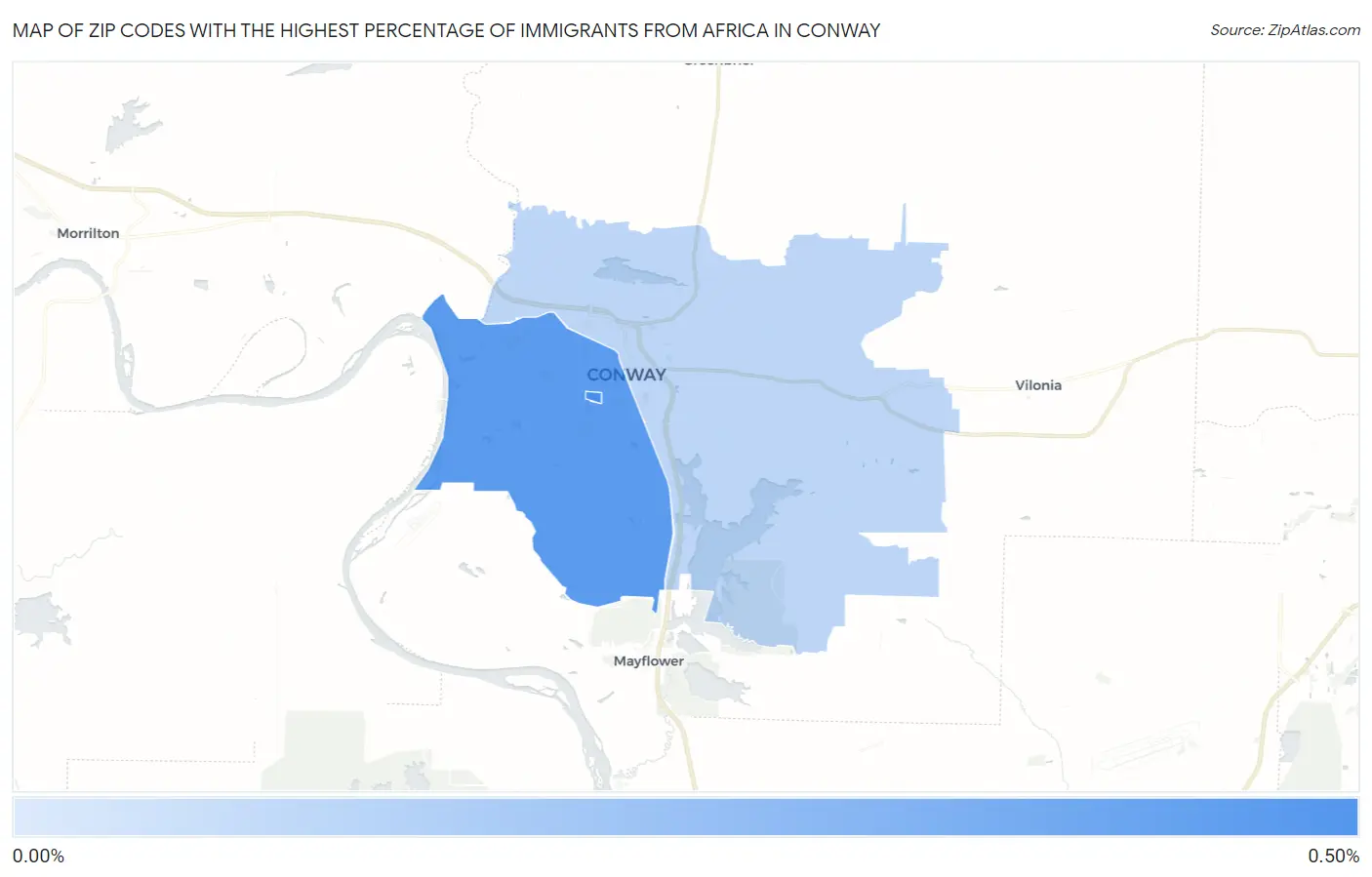 Zip Codes with the Highest Percentage of Immigrants from Africa in Conway Map