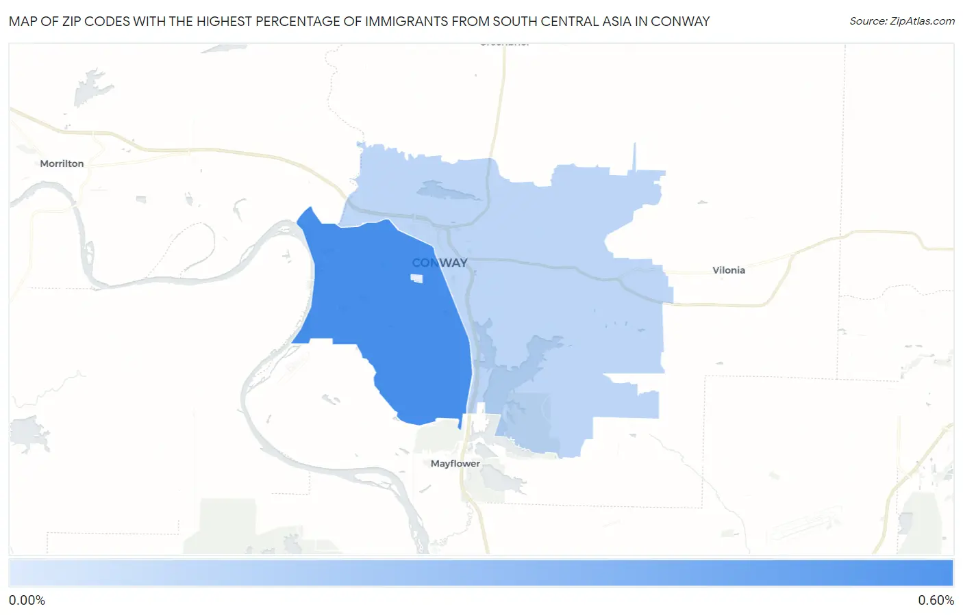 Zip Codes with the Highest Percentage of Immigrants from South Central Asia in Conway Map