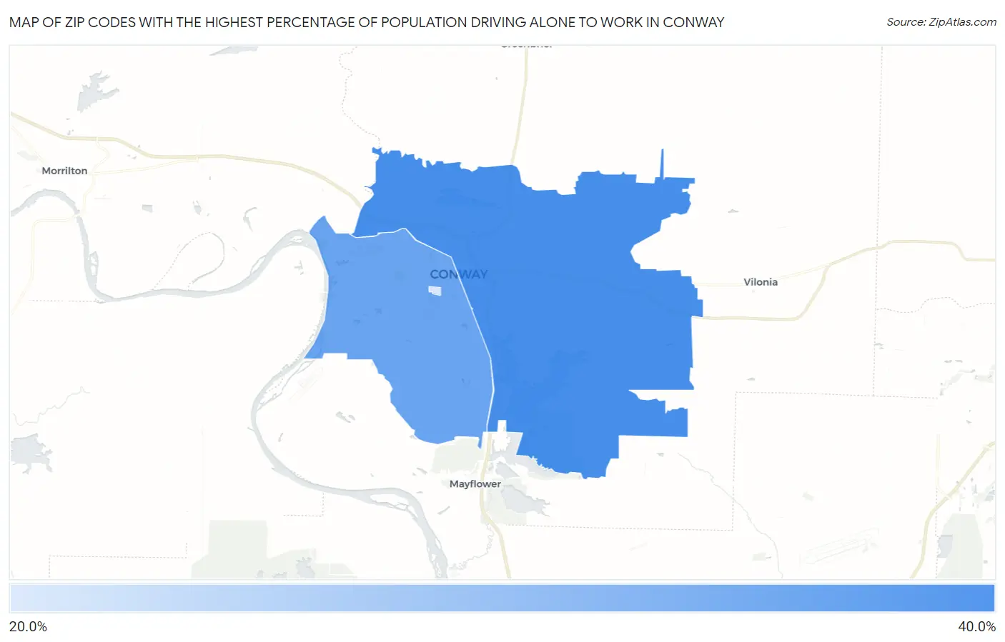 Zip Codes with the Highest Percentage of Population Driving Alone to Work in Conway Map
