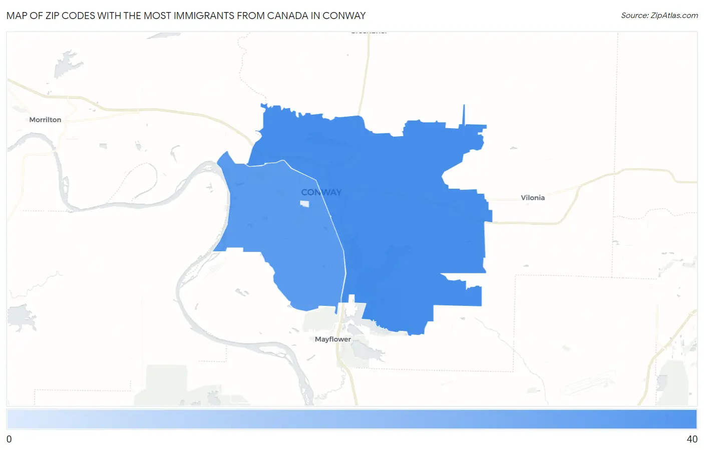 Zip Codes with the Most Immigrants from Canada in Conway Map