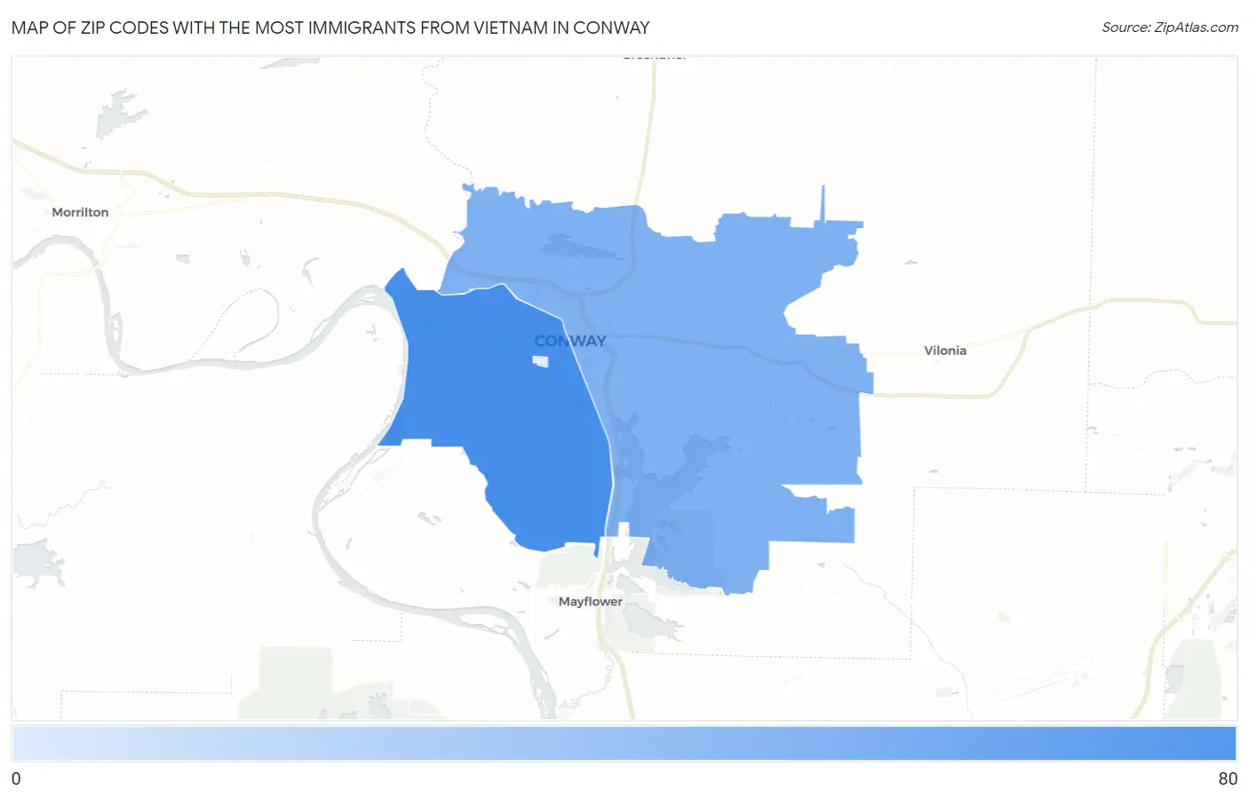 Zip Codes with the Most Immigrants from Vietnam in Conway Map