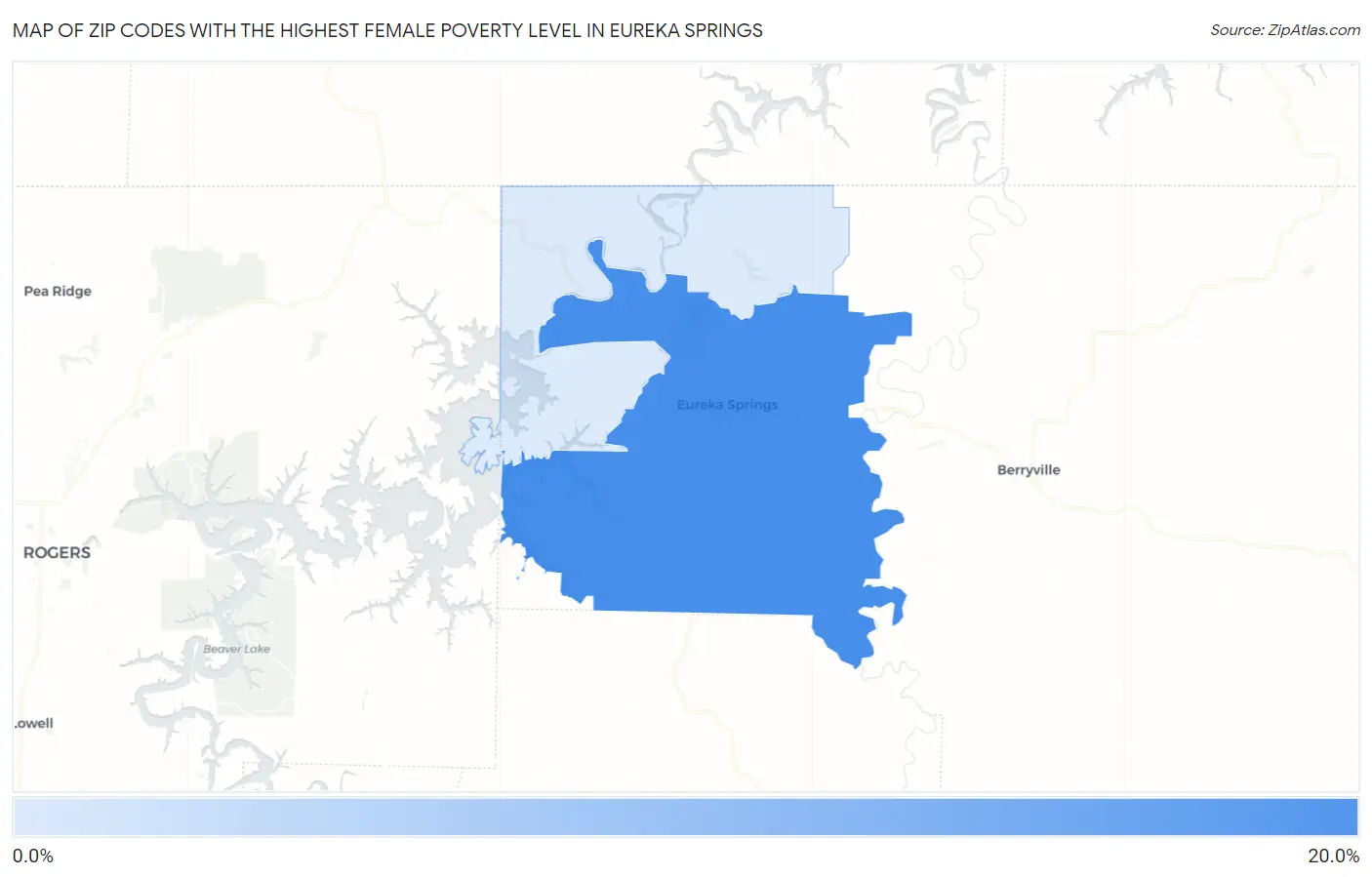Zip Codes with the Highest Female Poverty Level in Eureka Springs Map