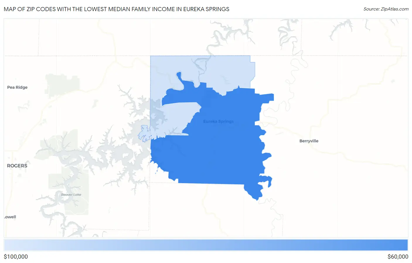 Zip Codes with the Lowest Median Family Income in Eureka Springs Map