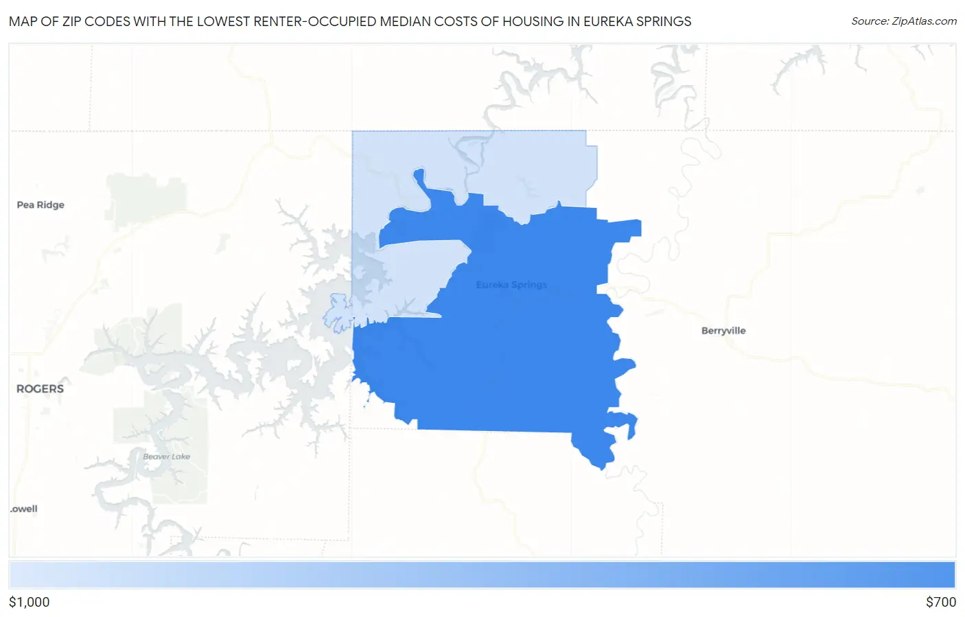 Zip Codes with the Lowest Renter-Occupied Median Costs of Housing in Eureka Springs Map