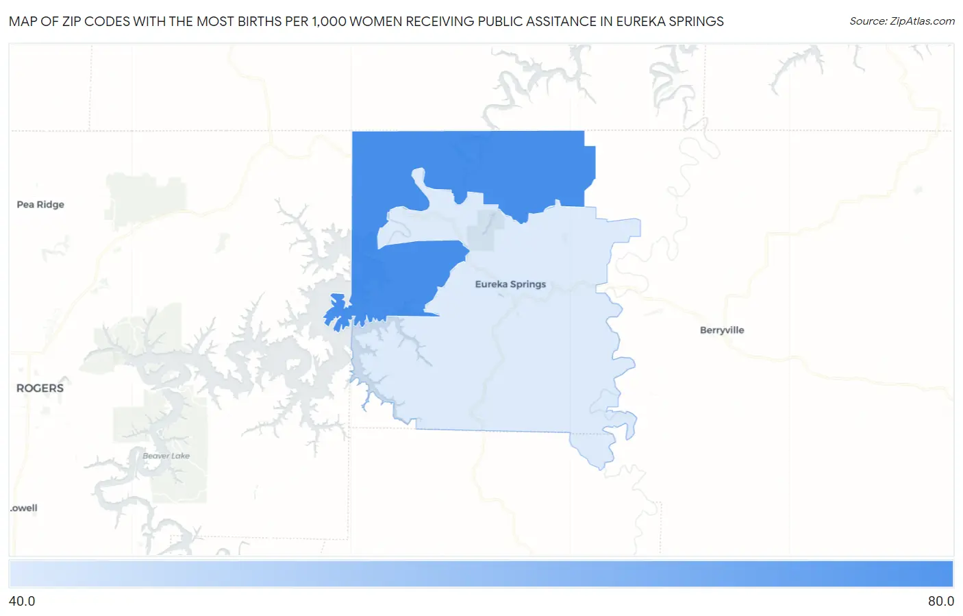 Zip Codes with the Most Births per 1,000 Women Receiving Public Assitance in Eureka Springs Map