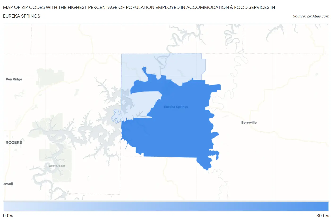 Zip Codes with the Highest Percentage of Population Employed in Accommodation & Food Services in Eureka Springs Map