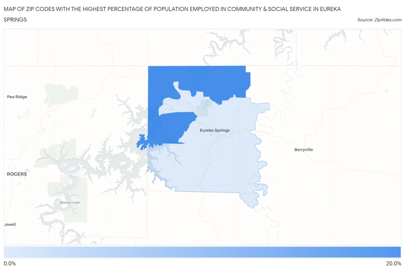 Zip Codes with the Highest Percentage of Population Employed in Community & Social Service  in Eureka Springs Map