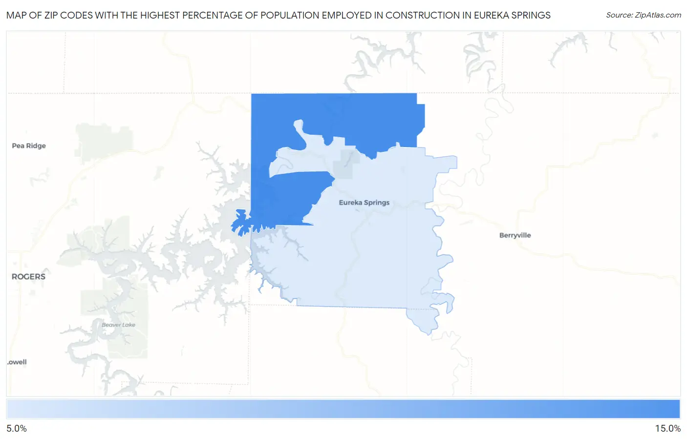 Zip Codes with the Highest Percentage of Population Employed in Construction in Eureka Springs Map
