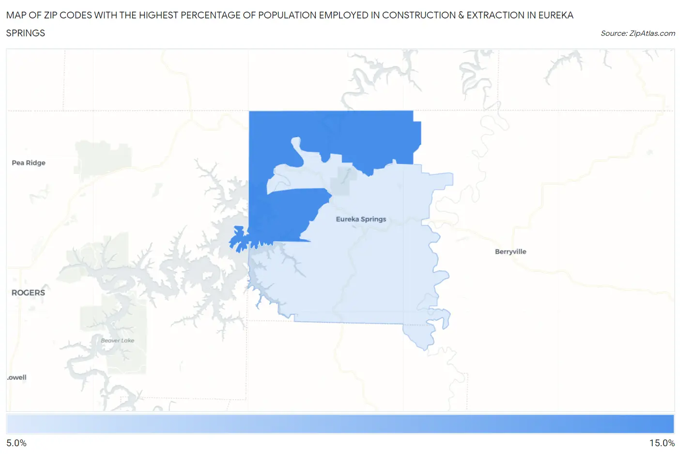 Zip Codes with the Highest Percentage of Population Employed in Construction & Extraction in Eureka Springs Map