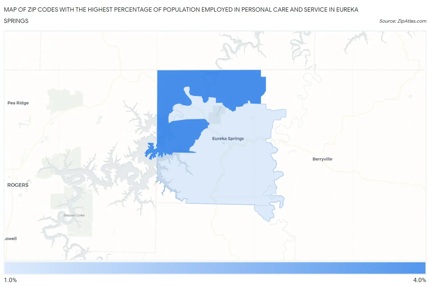 Zip Codes with the Highest Percentage of Population Employed in Personal Care and Service in Eureka Springs Map