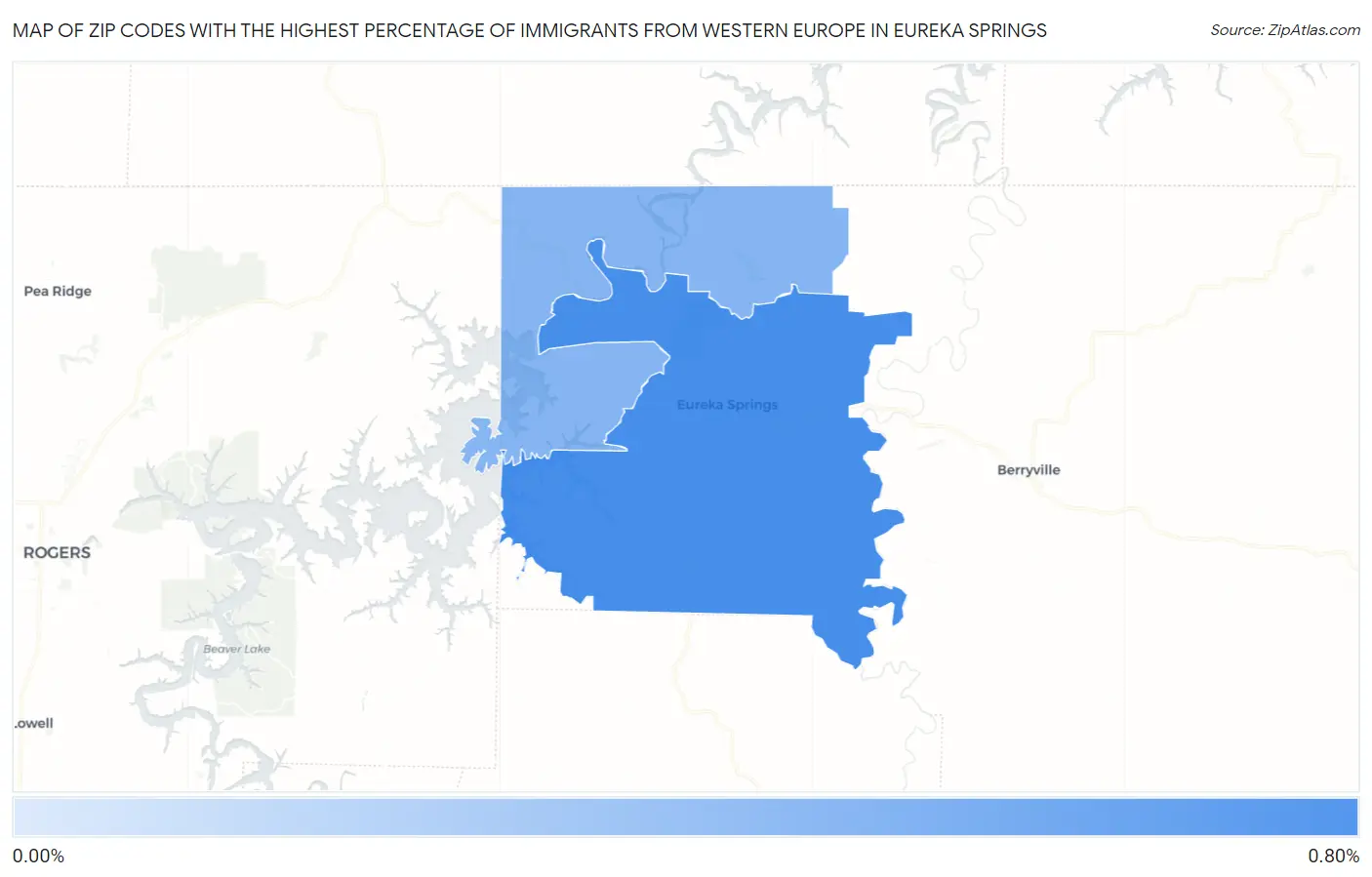 Zip Codes with the Highest Percentage of Immigrants from Western Europe in Eureka Springs Map