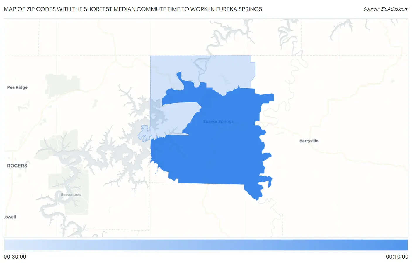 Zip Codes with the Shortest Median Commute Time to Work in Eureka Springs Map