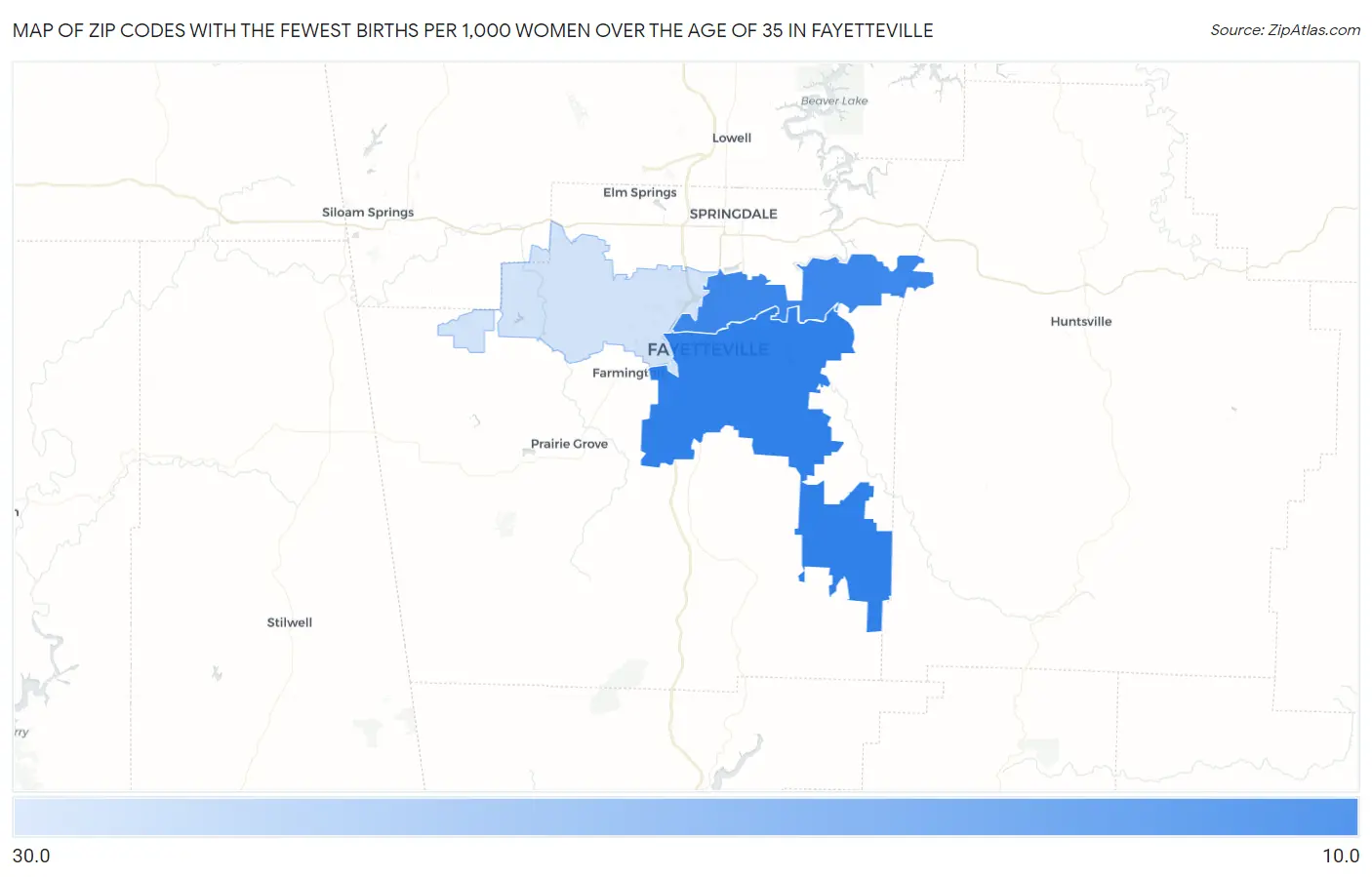 Zip Codes with the Fewest Births per 1,000 Women Over the Age of 35 in Fayetteville Map