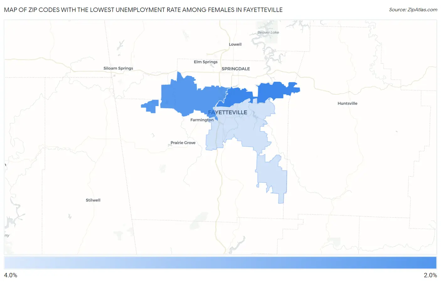 Zip Codes with the Lowest Unemployment Rate Among Females in Fayetteville Map