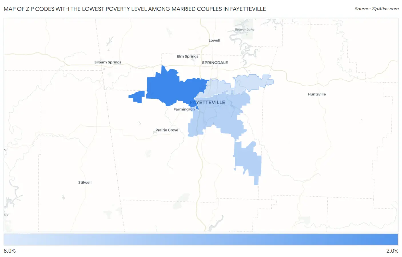 Zip Codes with the Lowest Poverty Level Among Married Couples in Fayetteville Map