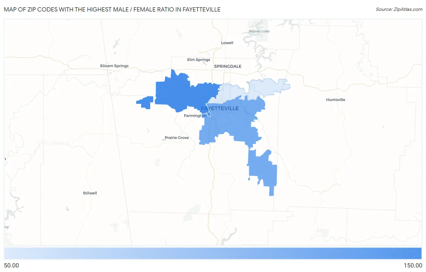 Zip Codes with the Highest Male / Female Ratio in Fayetteville Map