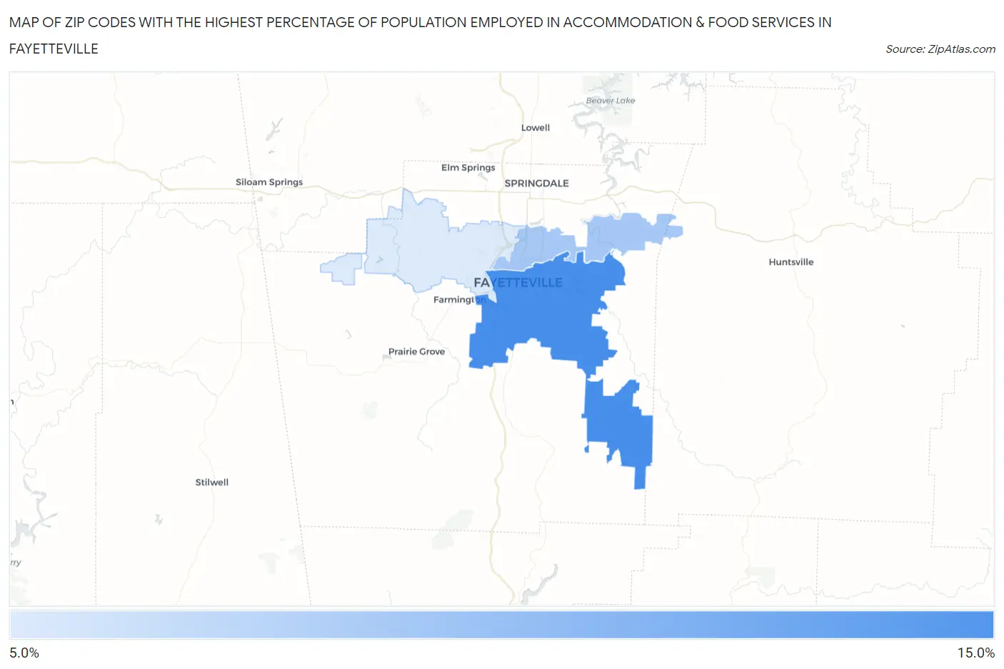 Zip Codes with the Highest Percentage of Population Employed in Accommodation & Food Services in Fayetteville Map