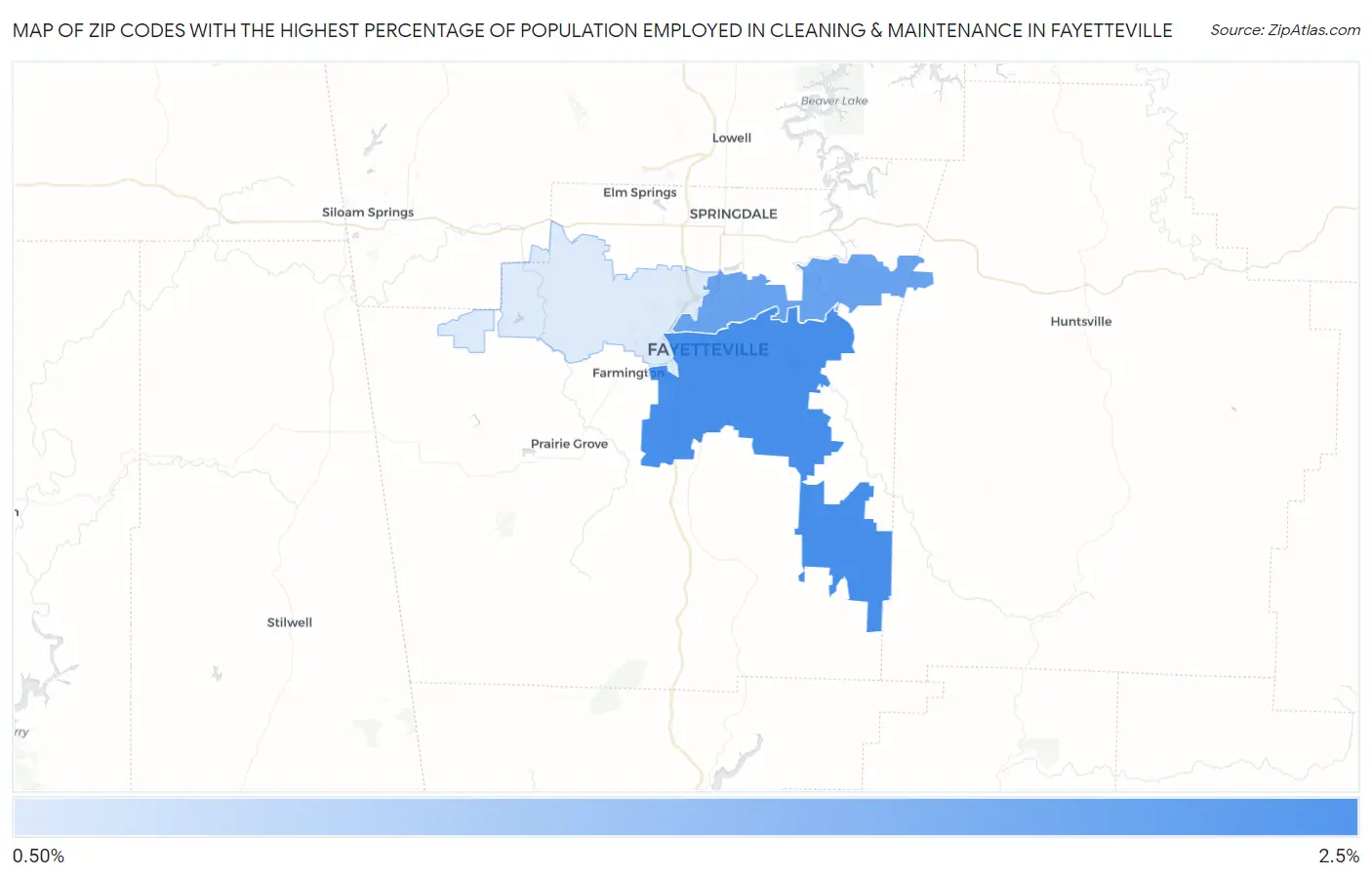 Zip Codes with the Highest Percentage of Population Employed in Cleaning & Maintenance in Fayetteville Map
