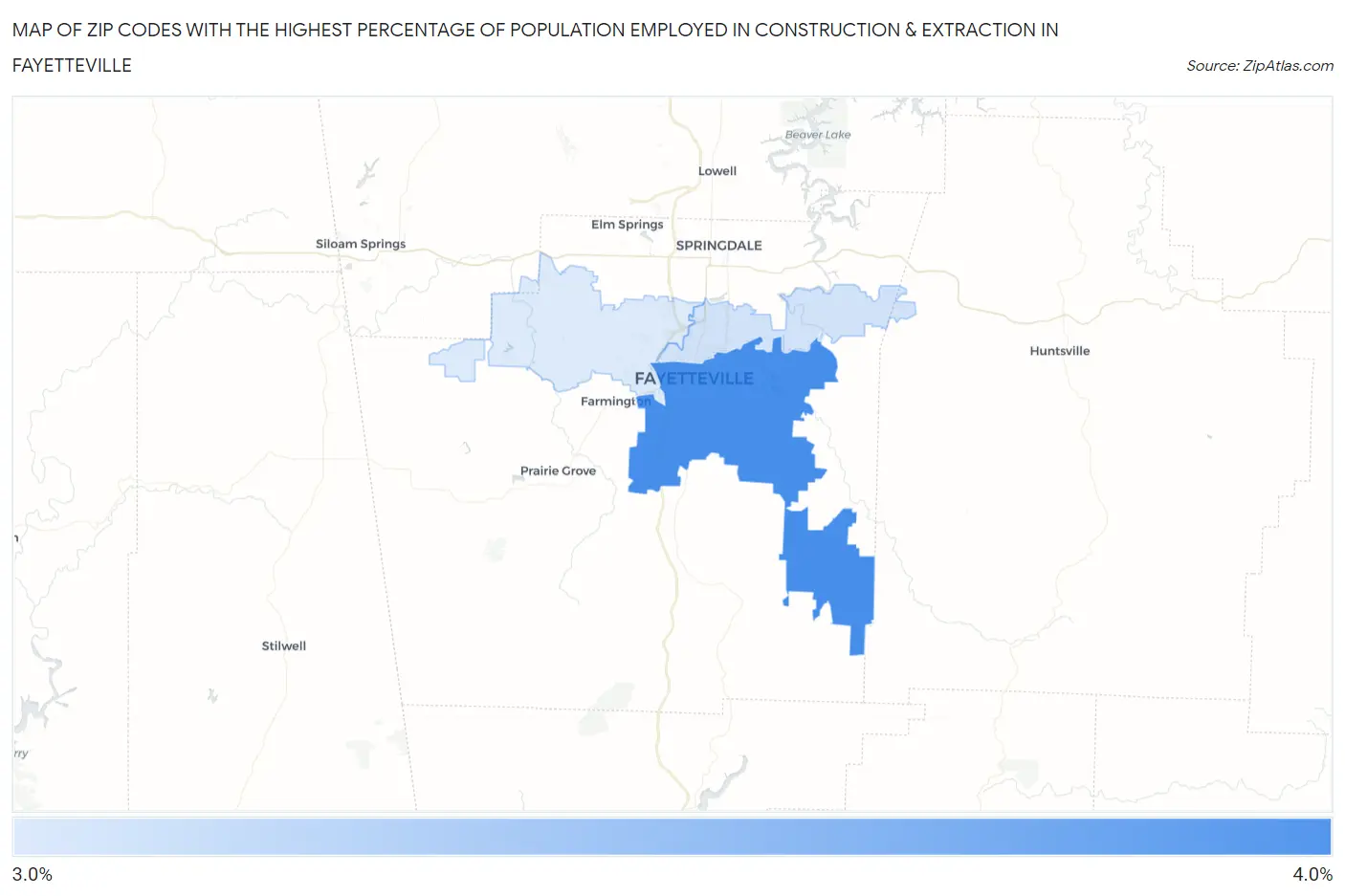 Zip Codes with the Highest Percentage of Population Employed in Construction & Extraction in Fayetteville Map