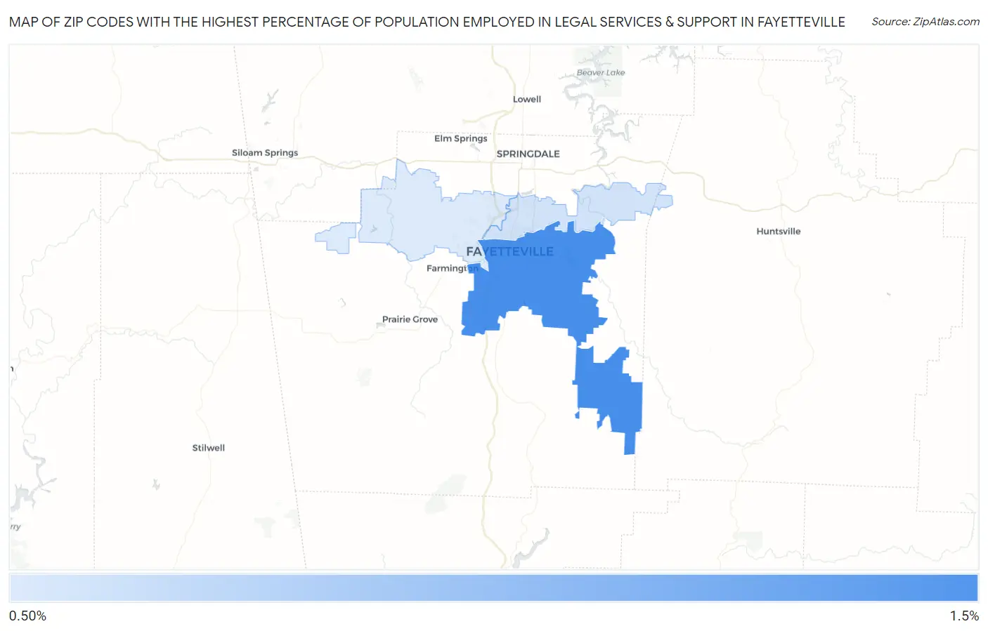 Zip Codes with the Highest Percentage of Population Employed in Legal Services & Support in Fayetteville Map
