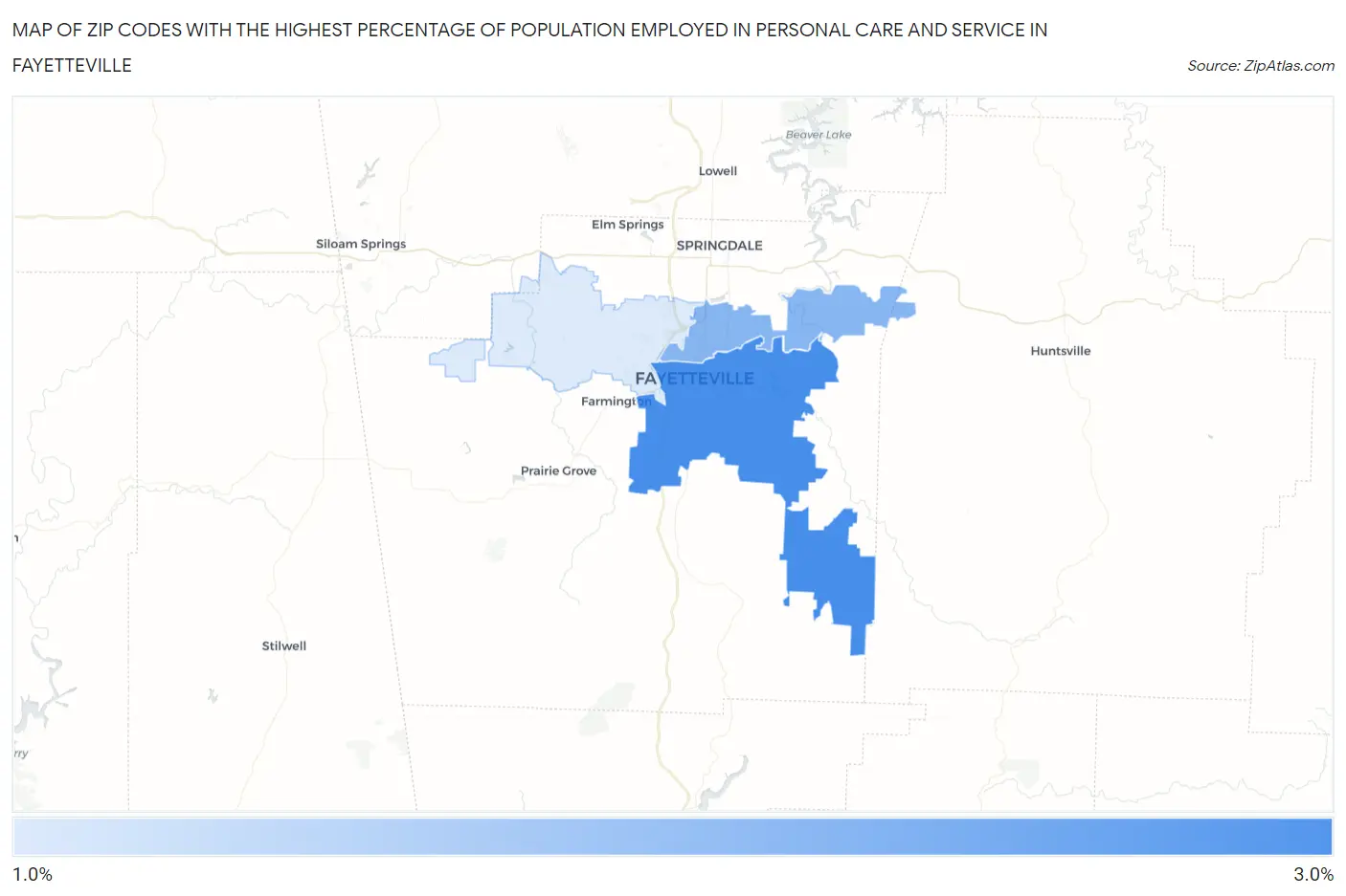 Zip Codes with the Highest Percentage of Population Employed in Personal Care and Service in Fayetteville Map