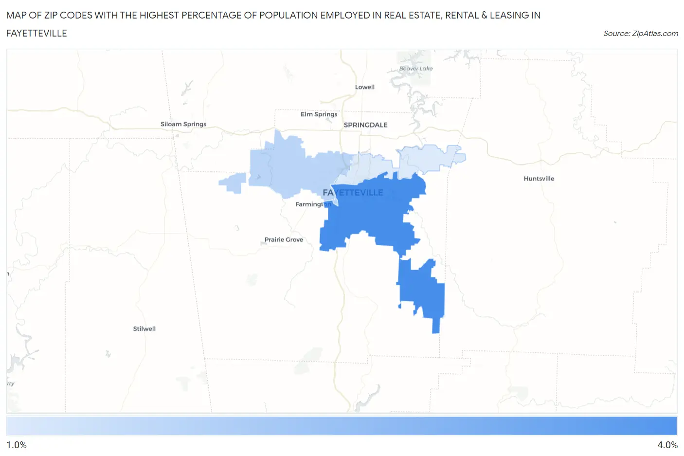 Zip Codes with the Highest Percentage of Population Employed in Real Estate, Rental & Leasing in Fayetteville Map