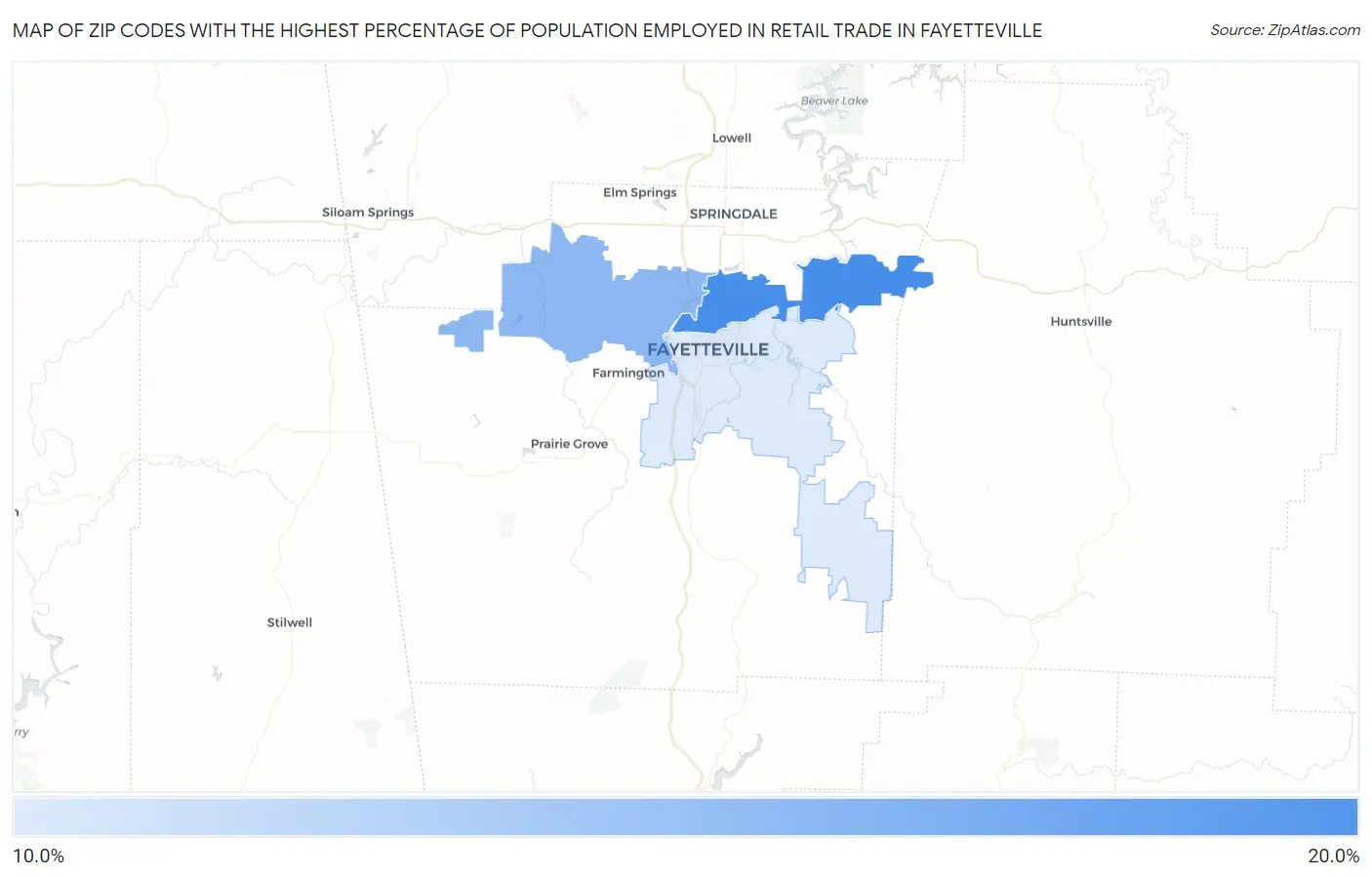 Zip Codes with the Highest Percentage of Population Employed in Retail Trade in Fayetteville Map