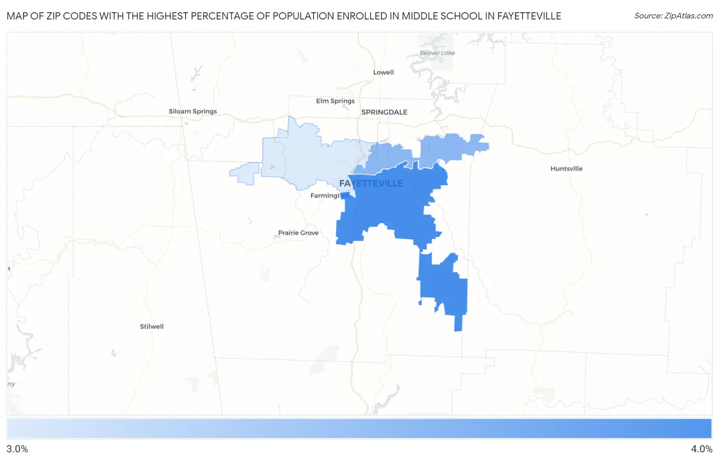 Zip Codes with the Highest Percentage of Population Enrolled in Middle School in Fayetteville Map