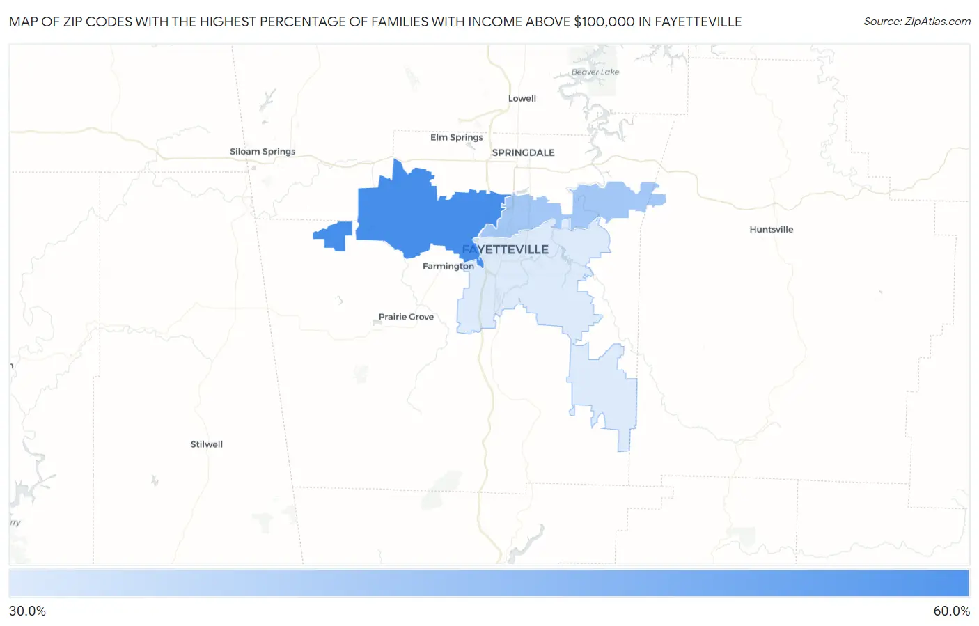 Zip Codes with the Highest Percentage of Families with Income Above $100,000 in Fayetteville Map