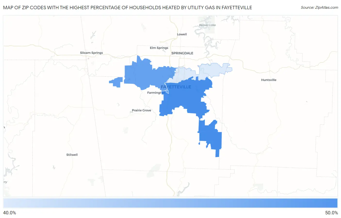 Zip Codes with the Highest Percentage of Households Heated by Utility Gas in Fayetteville Map