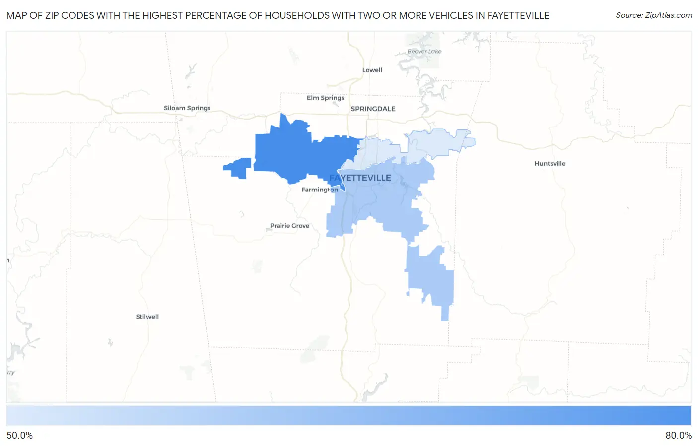 Zip Codes with the Highest Percentage of Households With Two or more Vehicles in Fayetteville Map