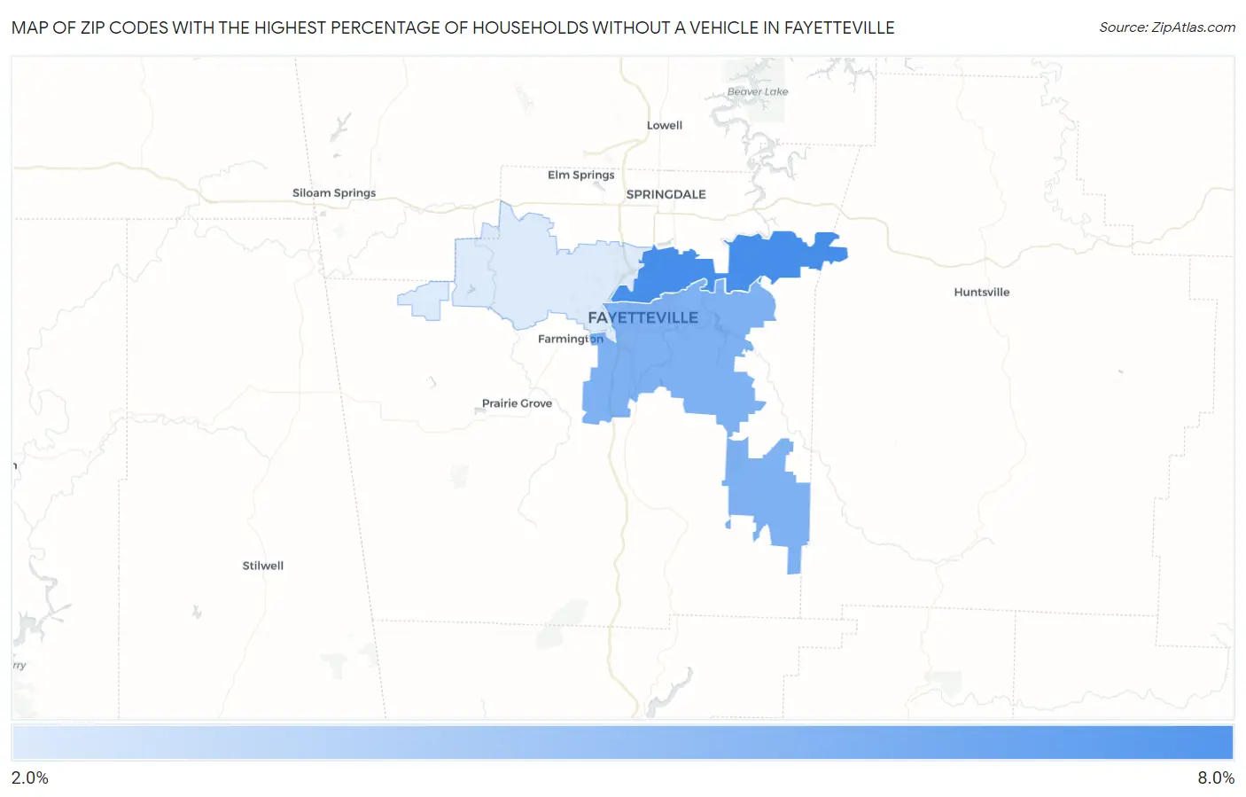 Zip Codes with the Highest Percentage of Households Without a Vehicle in Fayetteville Map